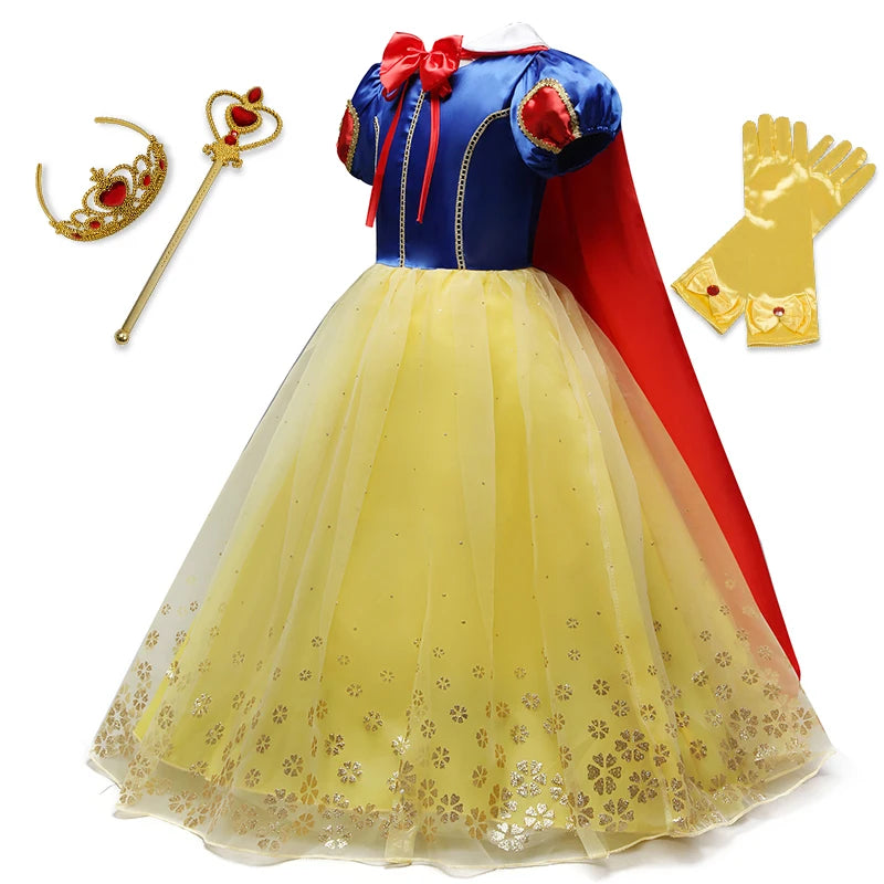 Blue, red, and yellow princess dress with floral details, includes a matching red and gold tiara, scepter, and gloves. Red bow and cape accentuate the dress.