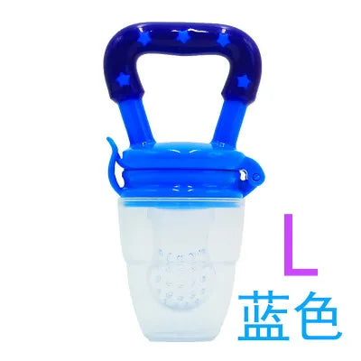 Blue feeding pacifier with a handle featuring star designs. The pacifier has a transparent container for holding food. Text beside reads "L" and "蓝色" which means "blue" in Chinese.