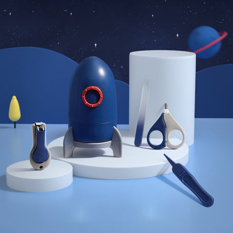 Rocket-themed grooming kit with nail clippers, scissors, and accessories on circular platforms. Background features starry sky and abstract landscape.