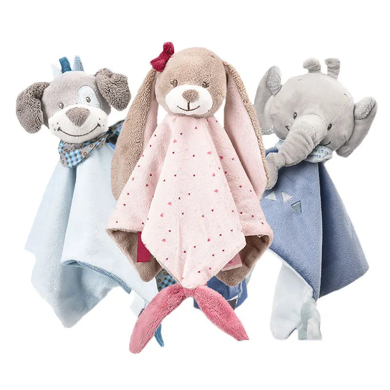 Three plush animal security blankets: a gray dog with blue accents, a brown rabbit with a pink bow and blanket, and a gray elephant with a blue blanket, displayed together.