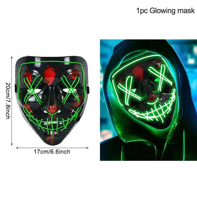 Black mask with green LED lights in a stitched pattern, featuring red accents. Shown alone and worn with a hoodie. Dimensions: 20cm by 17cm. Labeled "1pc Glowing mask."