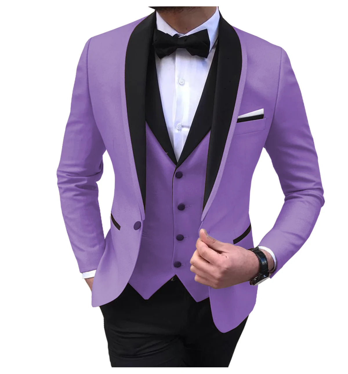 Man in a stylish lavender tuxedo with a black shawl lapel, black bow tie, white shirt, and black pants. He adjusts his jacket, showcasing the elegant attire.