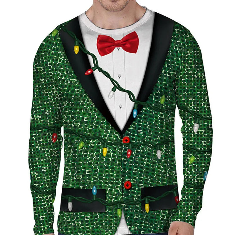 Man in a green, glittery sweater with a tuxedo design, adorned with colorful Christmas lights. The sweater features a red bow tie and black lapels, creating a festive look.