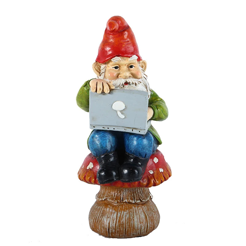 A garden gnome with a red hat sits on a mushroom, using a laptop. The gnome wears a green jacket and blue pants, with a white beard and a focused expression.