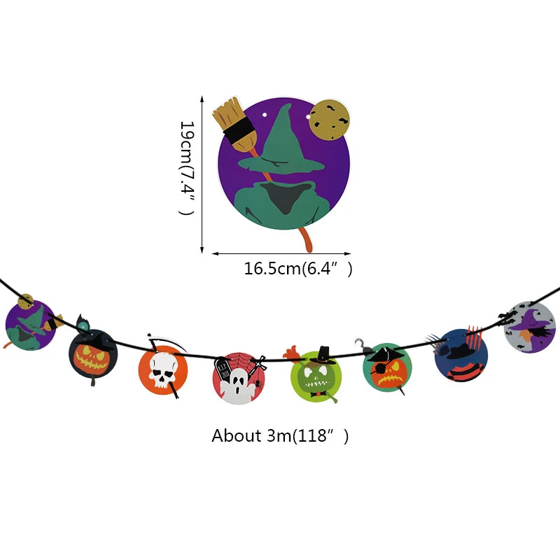A colorful Halloween garland, approximately 3 meters long, features round decorations with spooky designs: a witch, jack-o'-lantern, skull, ghost, vampire, green monster, werewolf, and bats. Each piece measures about 19 cm high and 16.5 cm wide.