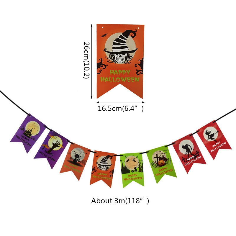 Halloween bunting measuring 3 meters in length, featuring colorful flags with spooky designs including skulls, witches, mummies, ghosts, and pumpkins. Each flag is 26 cm tall and 16.5 cm wide. The banners are in orange, green, purple, and red, each with "Happy Halloween" text.