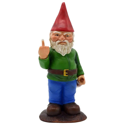 Garden gnome with a red hat and green shirt, making a rude hand gesture. The gnome stands on a small base, holding a scroll in one hand.