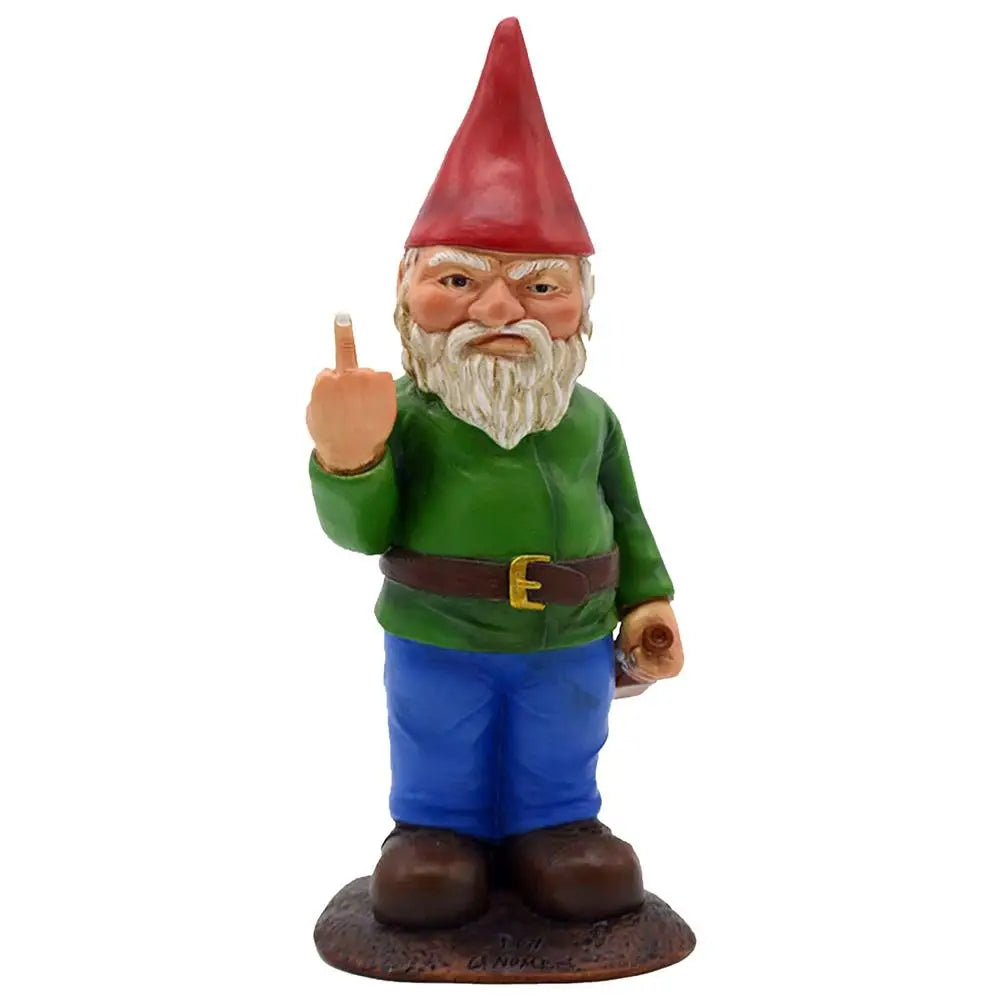 Garden gnome with red hat, green shirt, and blue pants stands defiantly, raising one hand with an extended middle finger as an irreverent gesture.