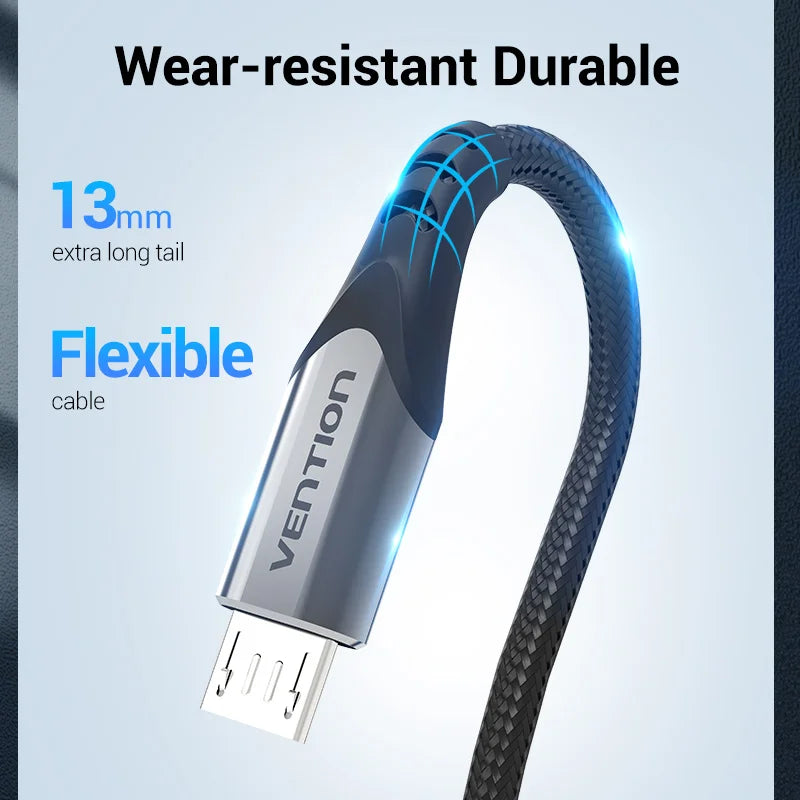 Close-up of a flexible micro USB cable labeled "Vention," featuring a 13mm extra long and wear-resistant tail. Text highlights its durability and flexibility.