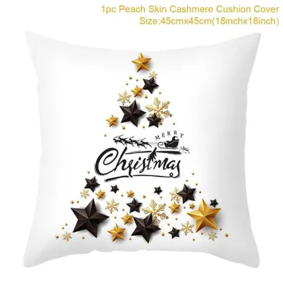 White cushion featuring a Christmas tree design with black and gold stars, snowflakes, and "Merry Christmas" text with a sleigh. Size: 45x45cm (18x18 inches).