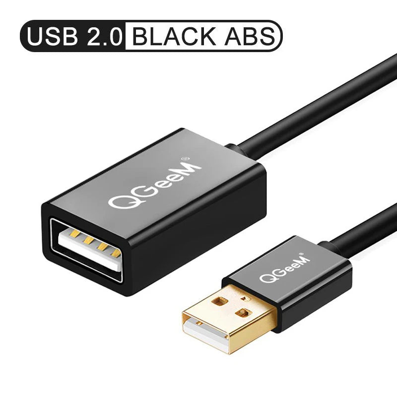 Black USB 2.0 extension cable with gold-plated connectors and "QGeem" branding on both ends, set against a white background. Text reads "Black ABS."