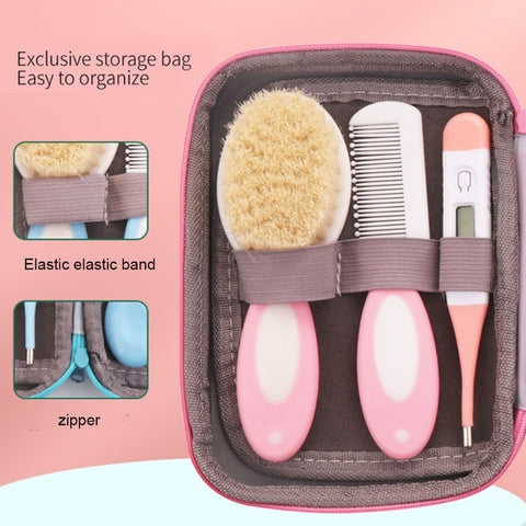 Pink storage bag containing a baby hairbrush, comb, and digital thermometer. Items are secured with an elastic band. Inset images show elastic band and zipper details.