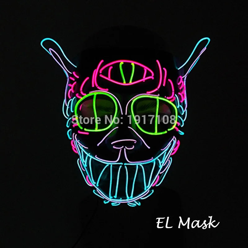 Bright neon mask with cat-like features, large green eyes, and a wide grin outlined in pink, green, and blue on a black background. Text reads "EL Mask."