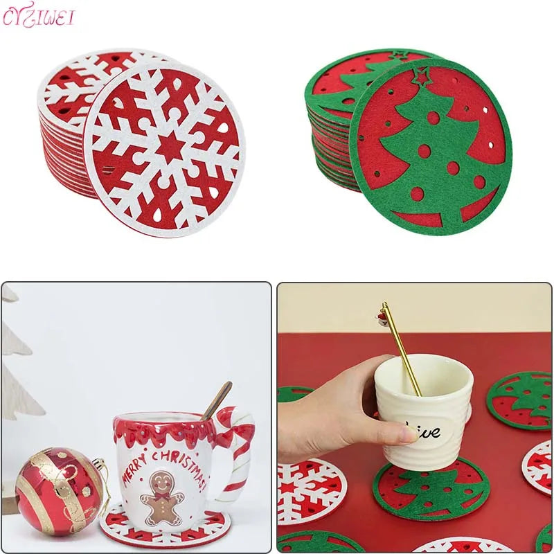 Christmas-themed coasters: red snowflakes, green trees; a mug with "Merry Christmas" on a coaster; hand places cup labeled "love" on a coaster.