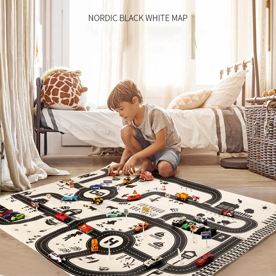 A young boy plays on a Nordic-themed black and white map rug with toy cars in a sunlit bedroom. The room features a bed with a stuffed animal and a woven basket.