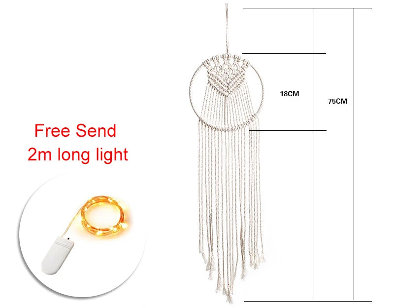 Macrame wall hanging with a geometric pattern, measuring 75cm long and 18cm wide. Includes a 2m long string light.