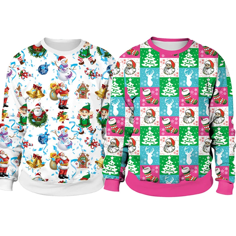 Two festive sweaters: one with colorful Christmas motifs featuring Santa and elves, the other with green and pink squares displaying Santa, trees, stockings, and snowflakes.