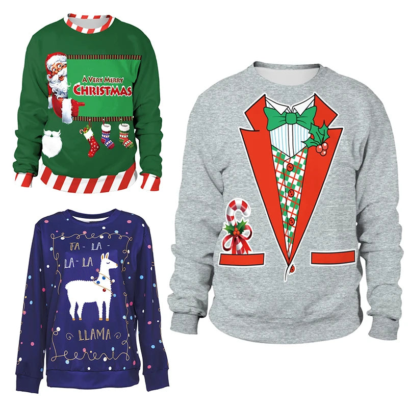 Three festive Christmas sweaters: green with Santa and stockings, gray with a red suit design and candy cane, and blue with a llama and "Fa-la-la" text, all adorned with seasonal motifs.