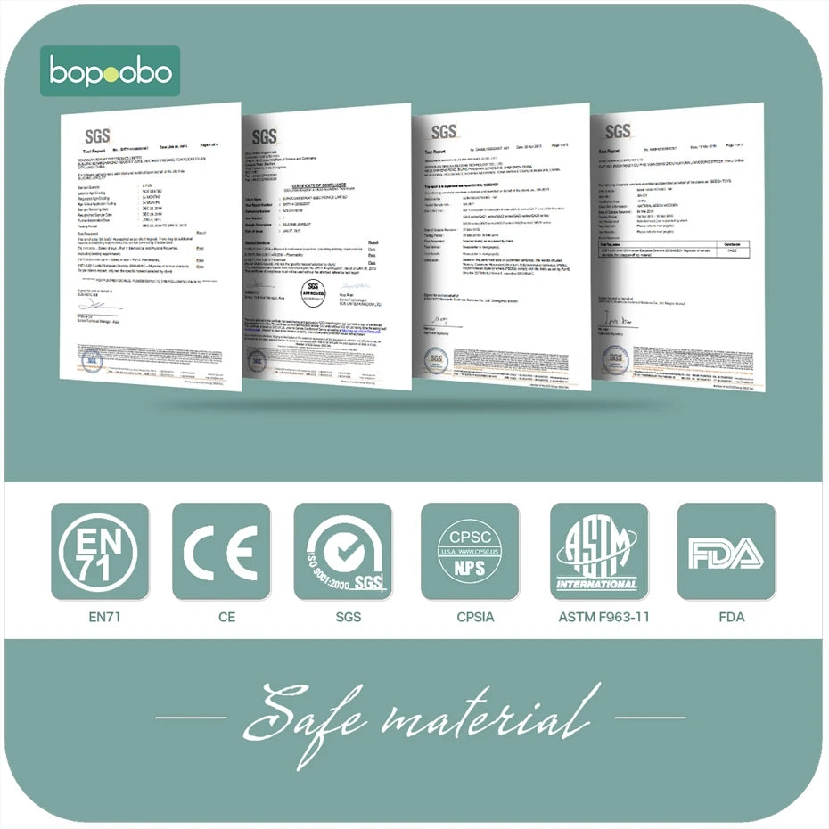 The image shows four SGS certification documents above icons for EN71, CE, SGS, CPSC, ASTM F963-11, and FDA certifications, with the words "Safe material" at the bottom.