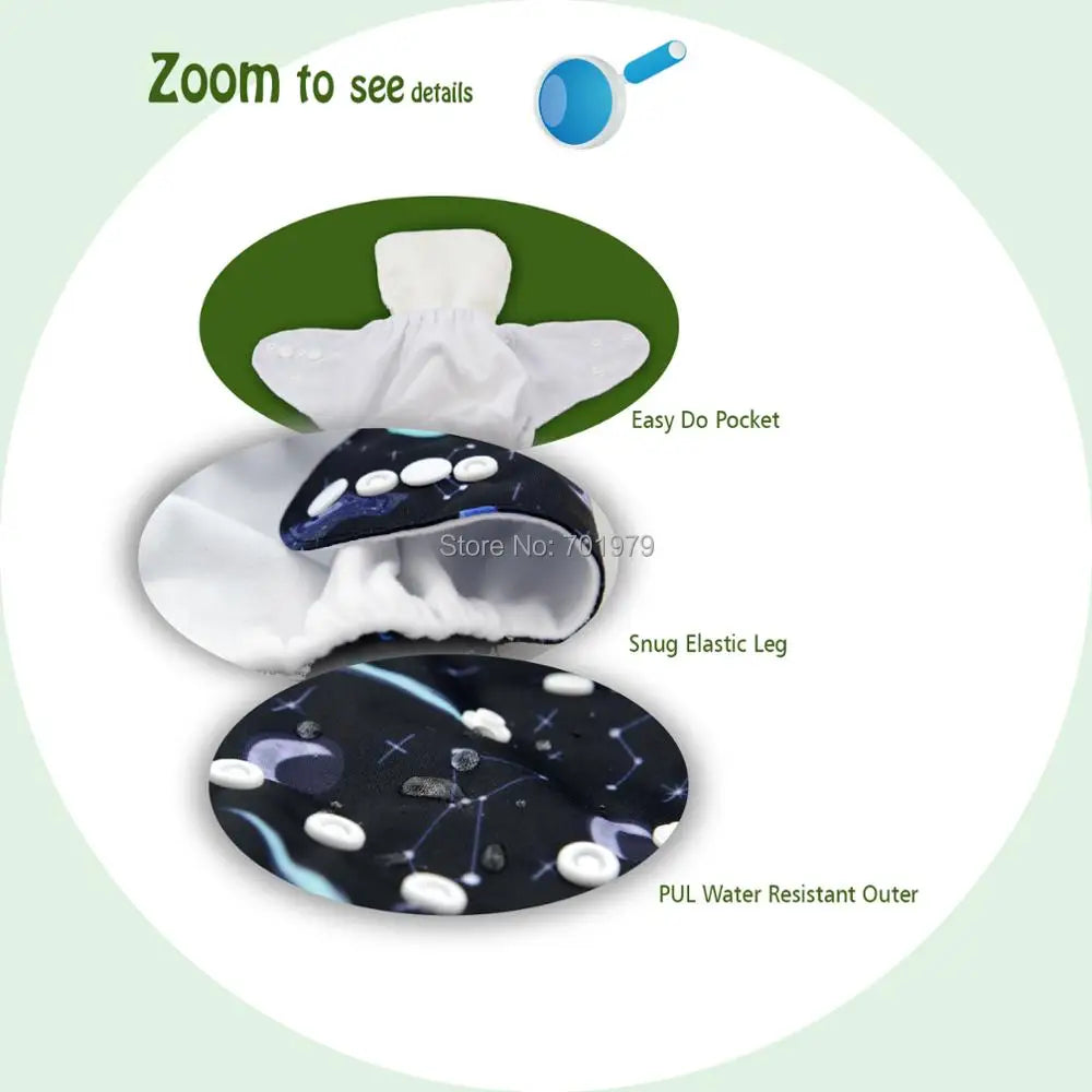 Reusable cloth diaper with galaxy print features, labeled details: easy-to-use pocket, snug elastic leg openings, and PUL water-resistant outer layer.