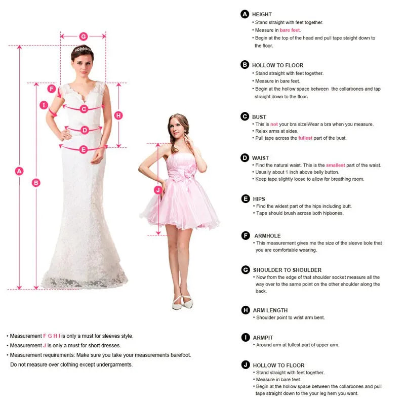 Two women stand, illustrating measurements for dresses: one in a white gown, the other in a pink dress. Labels A-J correspond to body measurements, with detailed instructions provided.