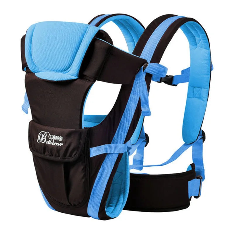 Black and blue baby carrier with padded shoulder straps and adjustable waist belt, designed for ergonomic support and comfort.