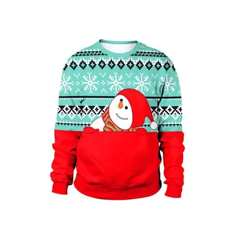 Ugly Christmas sweater featuring a smiling snowman in a red pocket. The top half is teal with white snowflakes and black patterns. The bottom half is bright red.