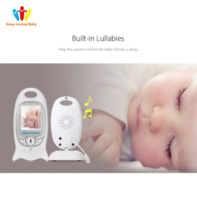 Baby monitor with built-in lullabies, featuring a sleeping infant on the screen. A baby sleeps peacefully beside the monitor, emphasized by musical notes indicating sound.
