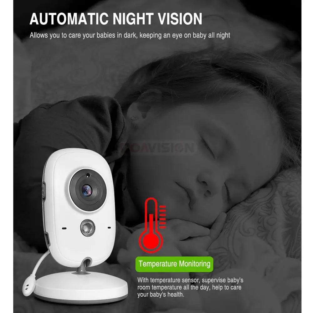 Baby monitor with automatic night vision and temperature monitoring, shown beside a peacefully sleeping child. Text highlights features like dark-time surveillance and health monitoring.
