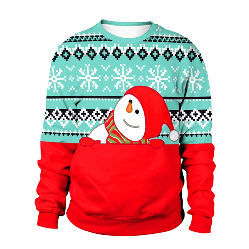 Festive sweater with a snowman wearing a red hat and scarf, set against a blue background with white snowflakes and black geometric patterns, and red sleeves and bottom.