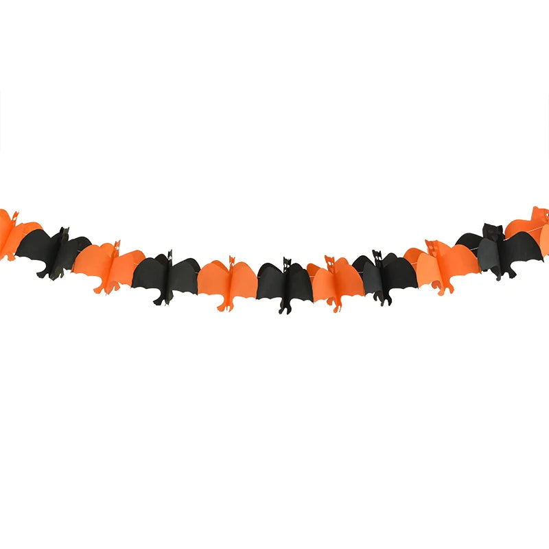 A festive Halloween garland featuring alternating black and orange paper bats, hanging in a horizontal line against a white background. The bats vary slightly in shape and size, creating a playful and whimsical look perfect for holiday decoration.