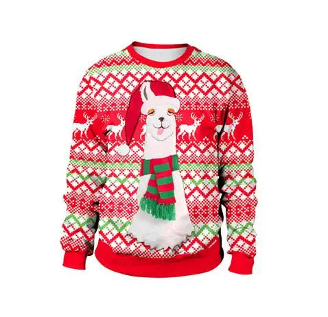 Red Christmas sweater featuring a llama wearing a Santa hat and scarf. The background has white and green knit patterns with reindeer motifs.