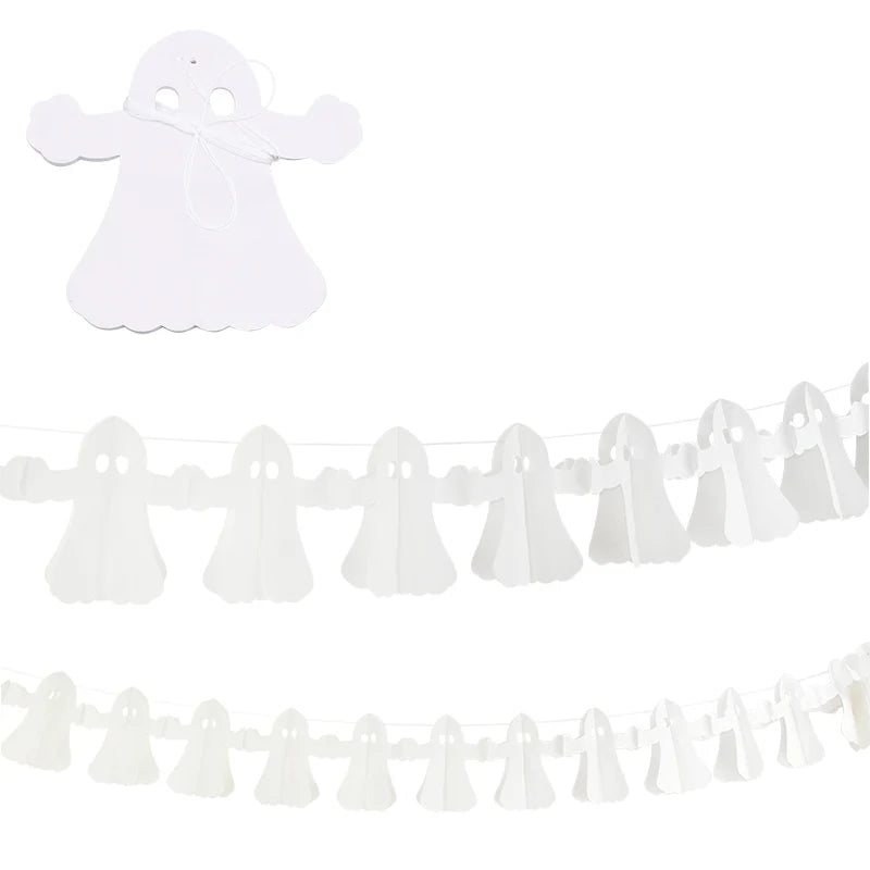 White ghost-shaped paper garland with cut-out eyes, suspended in two rows on a string. Above the garland, a single ghost cutout sits, tied with a white string. The setup is against a plain white background, showcasing the charming, whimsical decoration ideal for Halloween festivities.