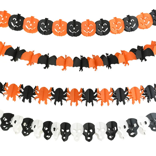 Four Halloween-themed paper garlands featuring repeating patterns: smiling orange and black jack-o'-lanterns on the top, black and orange bats on the second, black and orange spiders on the third, and black and white skulls on the bottom. Each garland adds a festive touch.