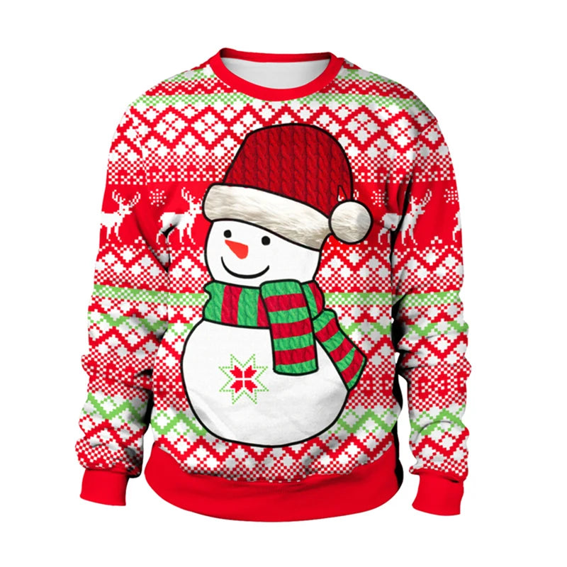 Red Christmas sweater with a smiling snowman wearing a Santa hat and green scarf. The background features white reindeer and geometric patterns in red and green.