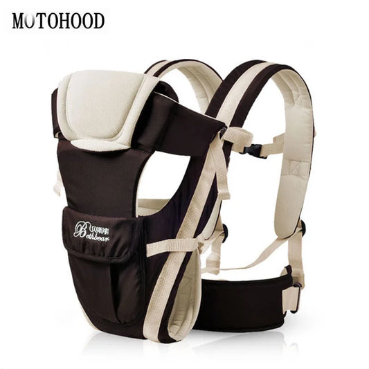 Black and beige baby carrier with padded straps and safety buckles. Features a front pocket with text and ergonomic design for comfortable and secure baby carrying.
