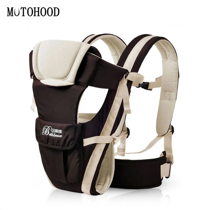 Black and beige baby carrier with padded shoulder straps and a supportive seat. Features secure buckles and a soft headrest. Brand logo appears on the front pocket.