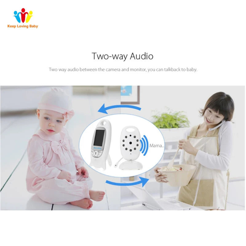 A baby in pink sits on the floor as a monitor shows two-way audio communication. A mother in a kitchen talks on the phone while preparing food, illustrating remote interaction.