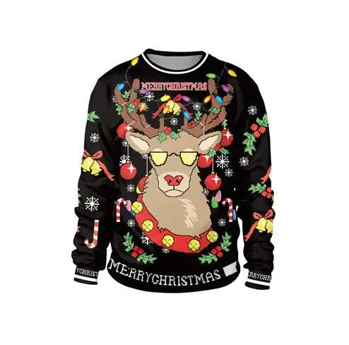 Festive Christmas sweater featuring a reindeer wearing sunglasses, adorned with colorful ornaments, candy canes, and lights. "Merry Christmas" text at the top and bottom.