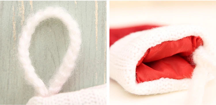 Close-up of a white knitted loop and the opening of a red and white knitted pouch with a soft red interior, laid against a neutral background.