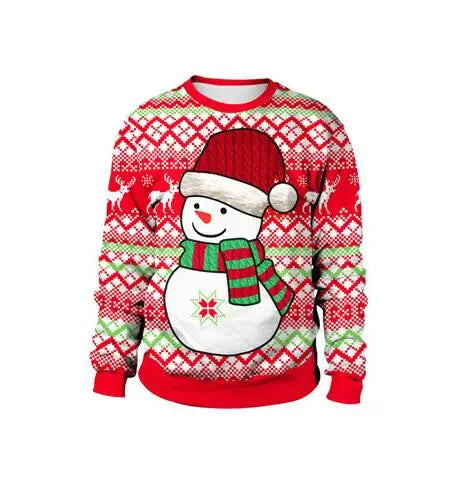 Red and green Christmas sweater featuring a smiling snowman with a red hat and striped scarf. The background has white snowflakes, reindeer, and festive patterns.