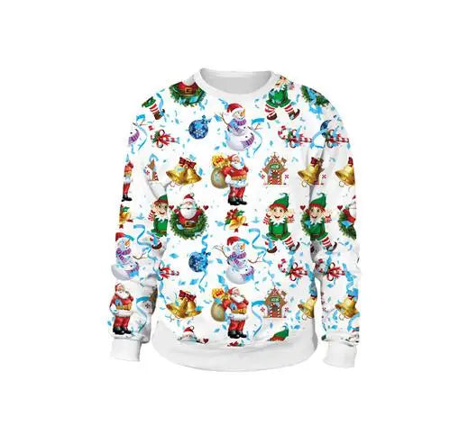 Festive holiday sweatshirt featuring colorful images of Santa, snowmen, elves, reindeer, and presents on a white background. The vibrant print conveys a cheerful, Christmas theme.