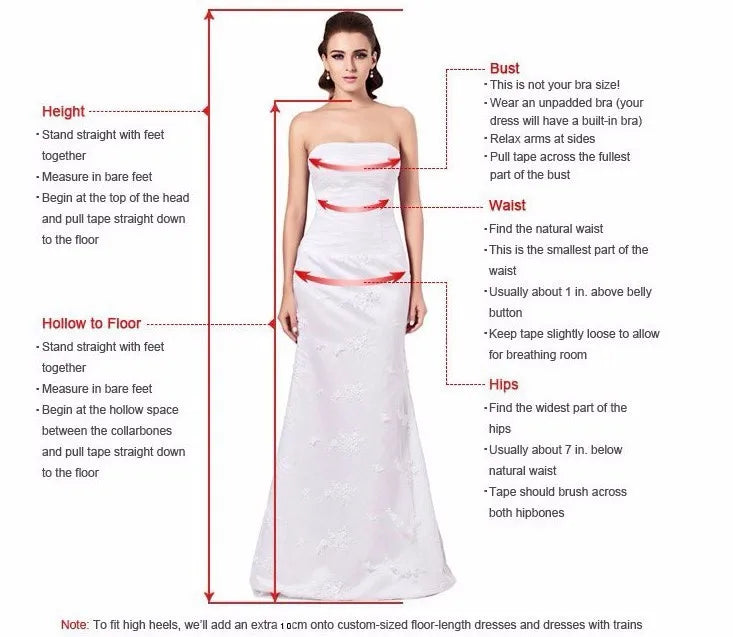 Image showing a guide to measuring for a dress, featuring a woman in a strapless white gown. Measurements include height, hollow to floor, bust, waist, and hips, with instructions for each.