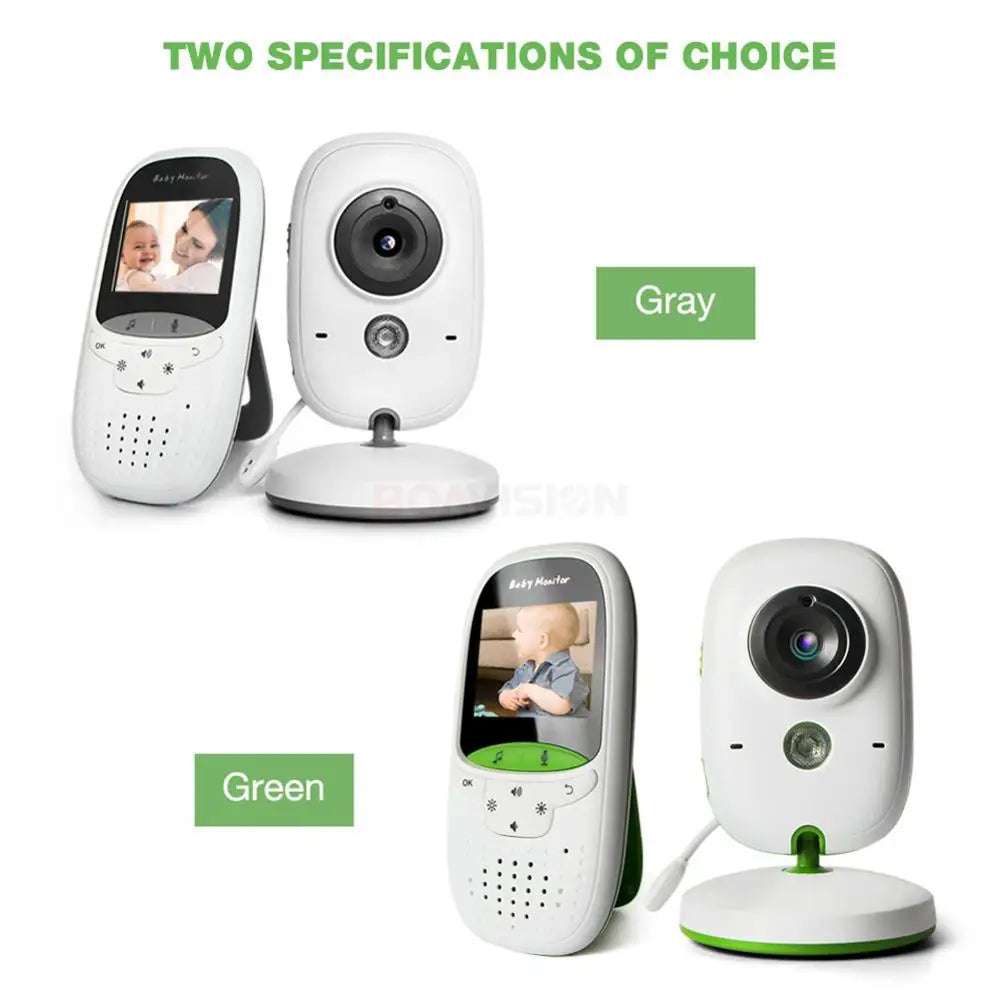 Two baby monitors with cameras in gray and green options. Both displays show an infant. The green set has green accents, while the gray set has gray accents.