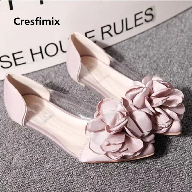 Pink flats with transparent sides and large flower accents on the toes, placed on a gray carpet.