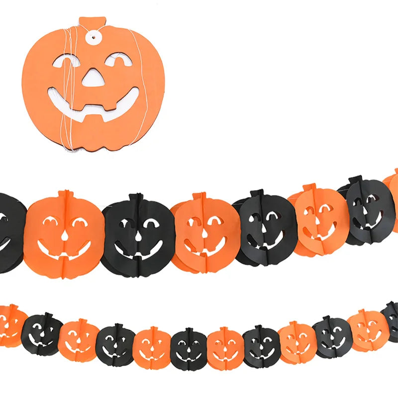 Halloween garland featuring alternating orange and black smiling pumpkin faces. The pumpkins have cut-out eyes and mouths and are hung in a festive pattern on a white background.