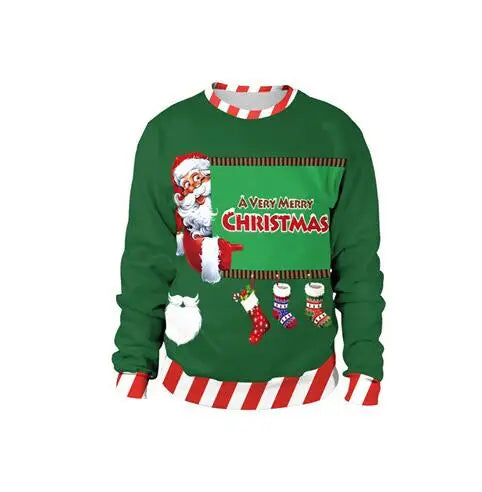 Green Christmas sweater with Santa, "A Very Merry Christmas" text, candy cane striped cuffs and hem. Includes three hanging stockings and a small Santa icon on the side.