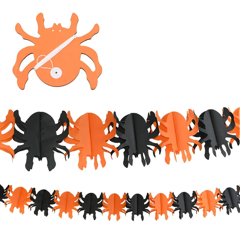 A Halloween-themed garland featuring alternating orange and black paper spider cutouts. The decorative string is displayed rolled up and unfurled, showing the repeated spider pattern. The garland has white string for hanging and is suitable for festive decoration.