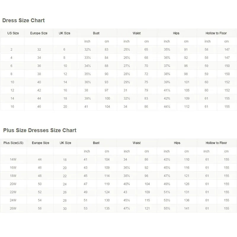 Dress and plus size chart showing US, Europe, UK sizes with measurements for bust, waist, hips, and hollow to floor in inches and centimeters for various dress sizes.