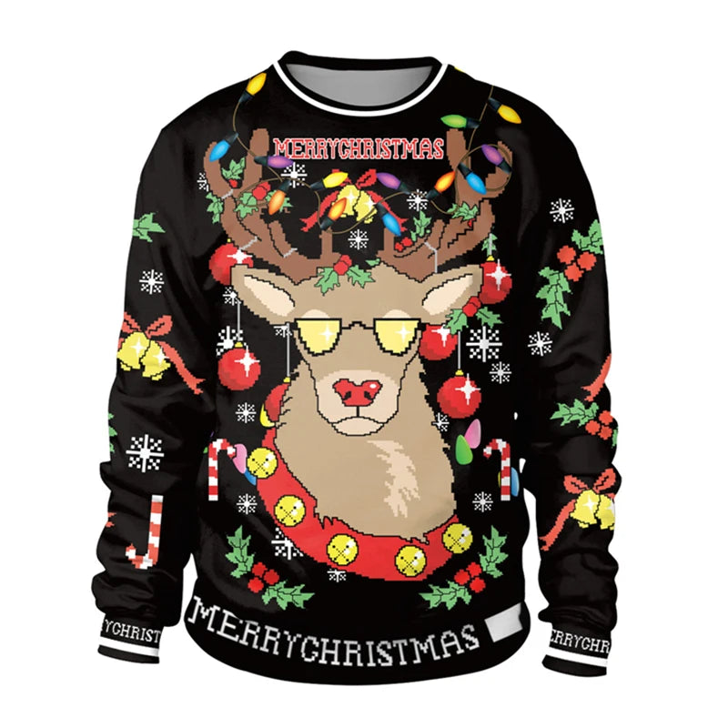 Black Christmas sweater featuring a reindeer with sunglasses, adorned with colorful lights, surrounded by snowflakes, ornaments, bells, candy canes, and festive greenery.